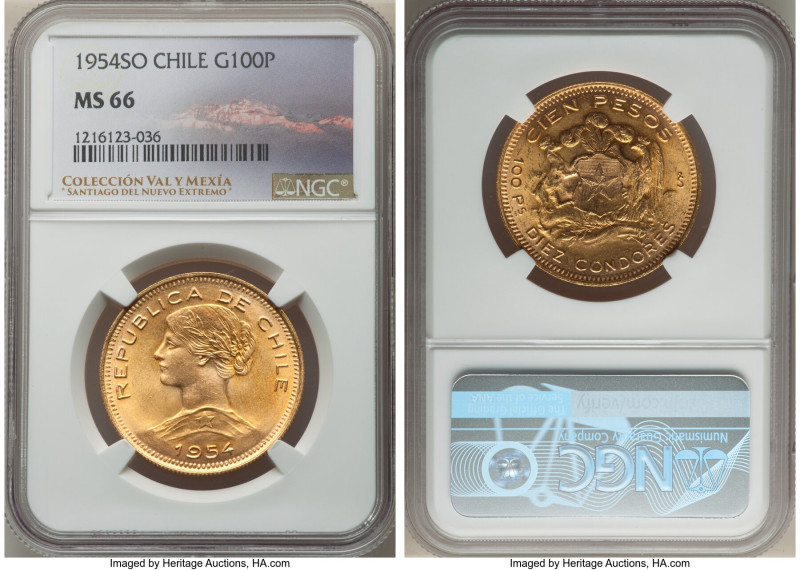 Republic gold 100 Pesos 1954-So MS66 NGC, Santiago mint, KM175. Toned with honey...