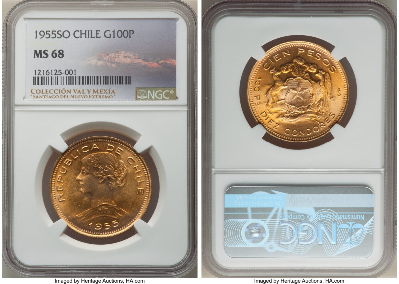 Republic gold 100 Pesos 1955-So MS68 NGC, Santiago mint, KM175. Tastefully toned...