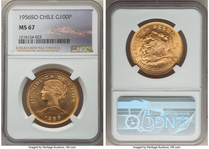 Republic gold 100 Pesos 1956-So MS67 NGC, Santiago mint, KM175. Boasting glossy ...