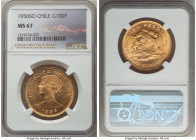 Republic gold 100 Pesos 1956-So MS67 NGC, Santiago mint, KM175. Boasting glossy hues that well contrast with the semi-frosty bust. The finest piece gr...