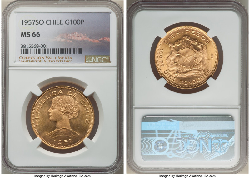 Republic gold 100 Pesos 1957-So MS66 NGC, Santiago mint, KM175. Presenting icy m...