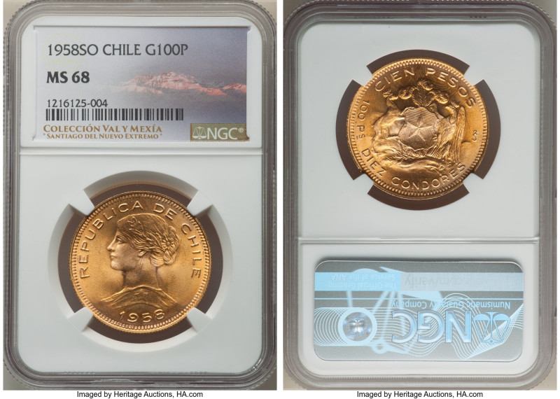 Republic gold 100 Pesos 1958-So MS68 NGC, Santiago mint, KM175. Lemon-gold piece...