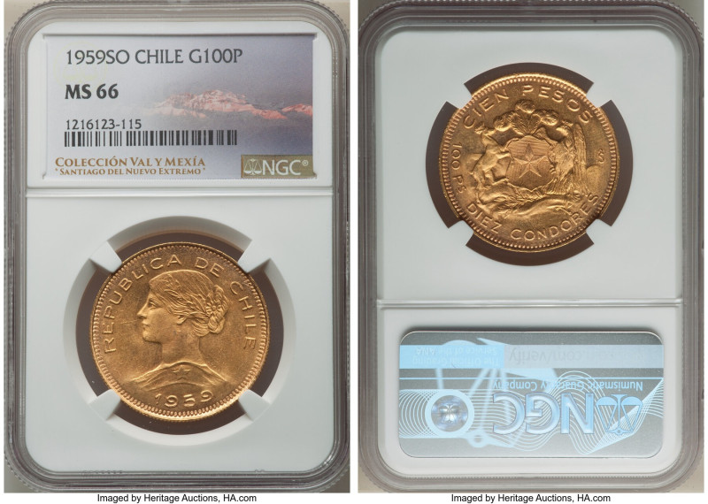 Republic gold 100 Pesos 1959-So MS66 NGC, Santiago mint, KM175. Boasting a frost...