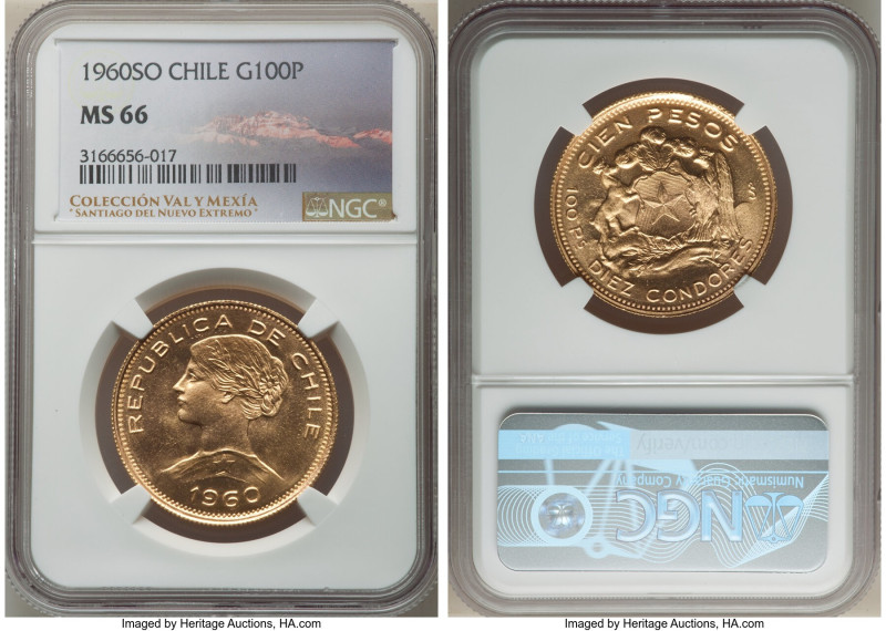 Republic gold 100 Pesos 1960-So MS66 NGC, Santiago mint, KM175. A flashy Gem wit...