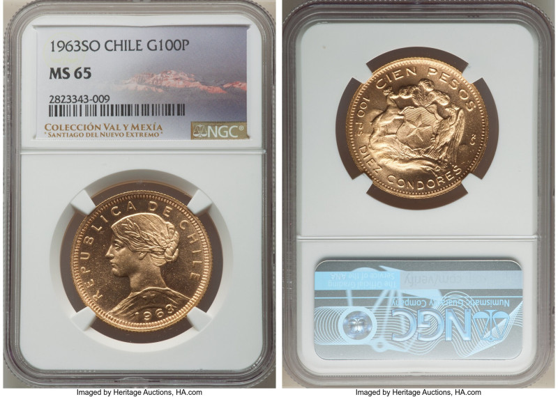 Republic gold 100 Pesos 1963-So MS65 NGC, Santiago mint, KM175. An imposing Gem ...