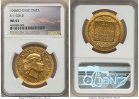 Republic gold Onza 1948-So MS62 NGC, Santiago mint, KMX1. Highly glossy fields contrast with somewhat icy motifs in this deeply-engraved piece. Topped...