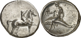 (302-280 a.C.). Italia. Taras. Didracma. (S. 363 var) (CNG. I, 813). 7,78 g. MBC/MBC+.