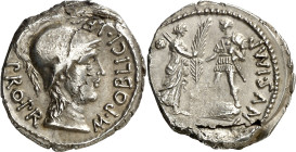 (46-45 a.C.). Cnaeo Pompeyo. Denario. (Spink 1384) (S. 1a, como Pompeyo Magno) (Craw. 469/1e). Hoja en reverso. 3,95 g. (MBC+).