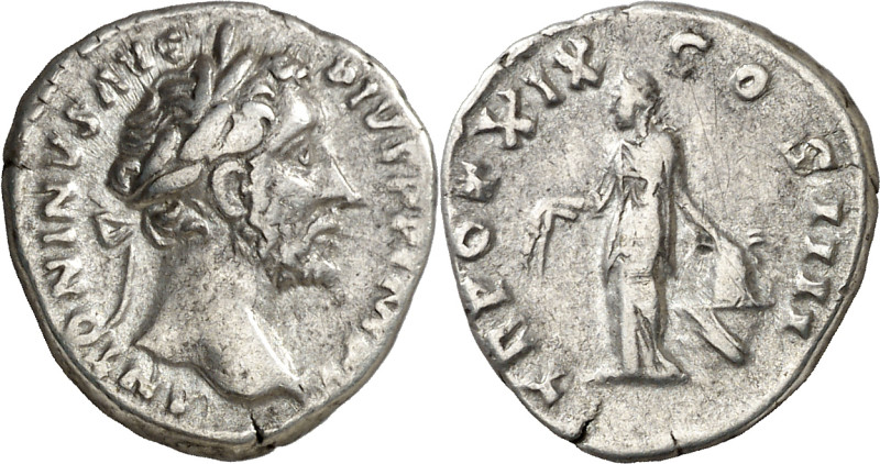 (155-156 d.C.). Antonino pío. Denario. (Spink 4123 var) (S. 983) (RIC. 249). 2,9...