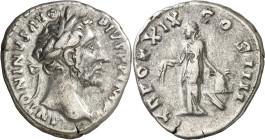 (155-156 d.C.). Antonino pío. Denario. (Spink 4123 var) (S. 983) (RIC. 249). 2,94 g. MBC.