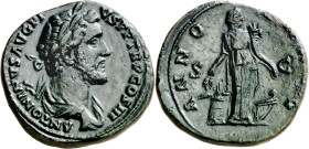 (142 d.C.). Antonino pío. Sestercio. (Spink 4147 var) (Co. 37) (RIC. 597). Campos levemente repasados. 25,12 g. (EBC-).