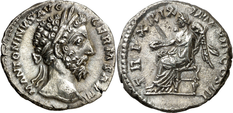(175 d.C.). Marco Aurelio. Denario. (Spink falta) (S. 923) (RIC. 333). Rayita en...