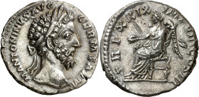 (175 d.C.). Marco Aurelio. Denario. (Spink falta) (S. 923) (RIC. 333). Rayita en reverso. 3,53 g. (EBC).