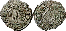 Pere II (1276-1285). Sicília. Diner. (Cru.V.S. 330) (Cru.C.G. 2147) (MIR. 177). Rara. 0,43 g. MBC.