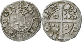 Jaume II (1291-1327). Barcelona. Diner. (Cru.V.S. 348) (Cru.C.G. 2162). Letras A y U latinas. Buen ejemplar. 0,95 g. MBC+.