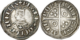 Pere III (1336-1387). Barcelona. Croat. (Cru.V.S. 408.3) (Cru.C.G. 2223i). Flores de cinco pétalos y cruz en el vestido. Letras góticas, excepto la T ...
