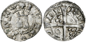 Pere III (1336-1387). Barcelona. Diner. (Cru.V.S. 427 var) (Cru.C.G. 2237 var). Letras A góticas y U latina. Vellón rico. 0,96 g. MBC+.