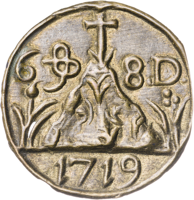 1719. Olot. Pellofa. (Cru.L. 1908). Valor: 6 sous - 8 diners. Latón. 0,83 g. EBC...