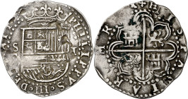 s/d. Felipe II. Sevilla. . 1 real. (AC. 258). Numeral III por doble acuñación. Hojita. 3,35 g. MBC.