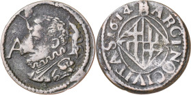1614. Felipe III. Barcelona. 1 ardit. (AC. 25) (Cru.C.G 4345b). 1,56 g. MBC.