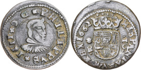 1662. Felipe IV. Coruña. R. 16 maravedís. (AC. 451). Ex Áureo 20/09/1990, nº 424. 4 g. MBC.