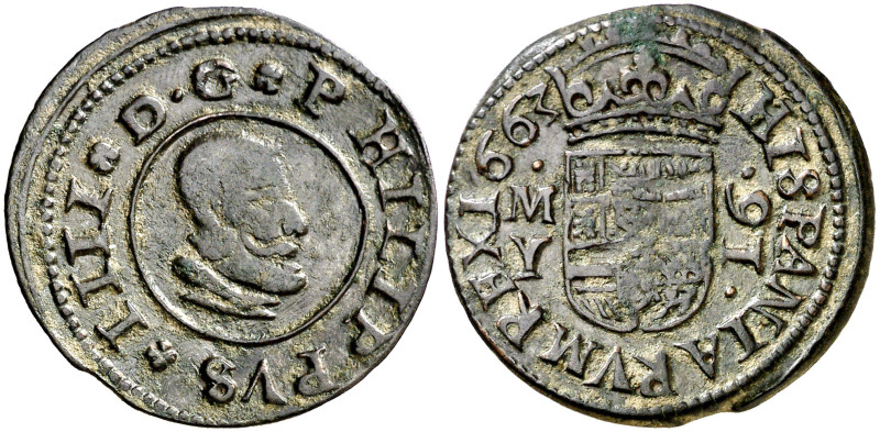 1663. Felipe IV. M (Madrid). Y. 16 maravedís. (AC. 477). Valor al revés. Buen ej...