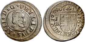 1664. Felipe IV. Segovia. BR. 16 maravedís. (AC. 491). Fecha con los dos 6 inclinados y el 4 vertical. Rara. 3,68 g. MBC+.