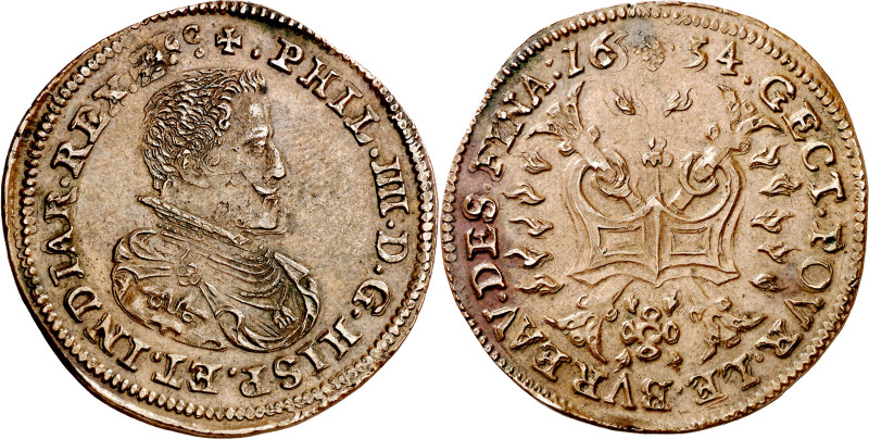 1654. Felipe IV. Bruselas. Tesorería incierta. Jetón. (D. 4060). Buen ejemplar. ...