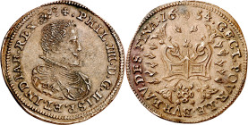 1654. Felipe IV. Bruselas. Tesorería incierta. Jetón. (D. 4060). Buen ejemplar. 6,30 g. MBC+/EBC-.