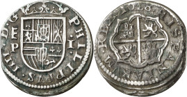 1628. Felipe IV. Segovia. P. 1 real. (AC. 788). Algo descentrada. 3,08 g. MBC-.