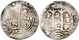 1657. Felipe IV. Potosí. E. 2 reales. (AC. 925). Redonda. Tipo de presentación real. Doble fecha. Perforación, habitual en el tipo. Leves rastros de h...