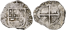 1628. Felipe IV. Sevilla. R. 2 reales. (AC. 973). Acuñación floja. Pátina. Ex Colección Javier Verdejo 19/10/2017, nº 207. 6,62 g. (MBC).