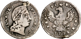 1732. Carlos III, Pretendiente. Palermo. CP/SM. 1 tari. (Vti. falta) (MIR. 538/2). Sirvió como joya. Muy rara. 2,29 g. (MBC-).