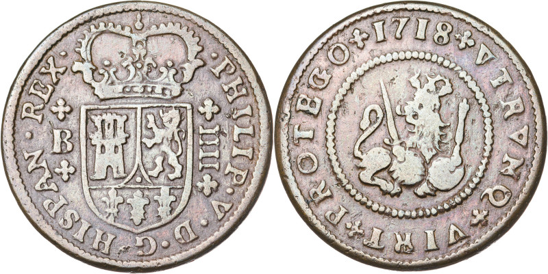 1718. Felipe V. Barcelona. 4 maravedís. (AC. 82). VTRVNC. Escasa. 8,86 g. MBC-/B...