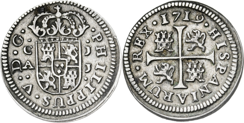 1719. Felipe V. Cuenca. JJ. 1/2 real. (AC. 105). 1,29 g. MBC.