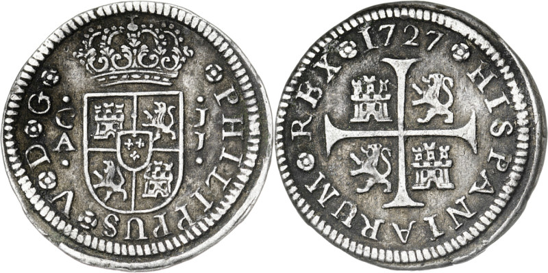 1727. Felipe V. Cuenca. JJ. 1/2 real. (AC. 107). 1,32 g. MBC.