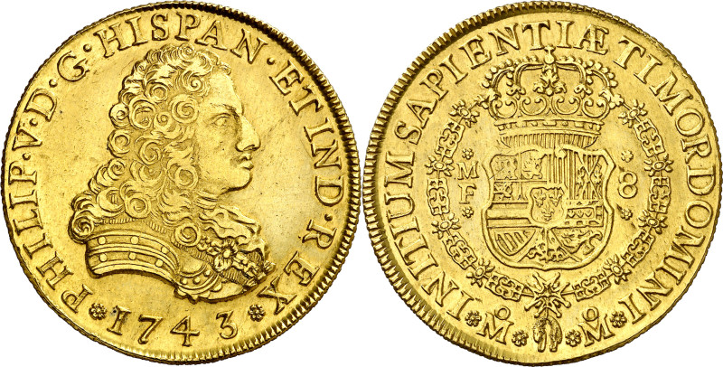 1743. Felipe V. México. MF. 8 escudos. (AC. 2247) (Cal.Onza 441). Golpecito en c...