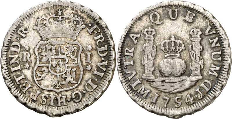 1754. Fernando VI. Lima. JD. 1 real. (AC. 155). Columnario. Ex Áureo 31/01/1991,...