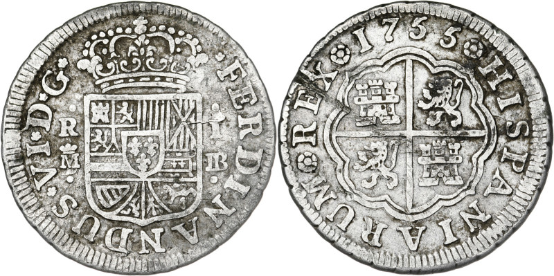 1755. Fernando VI. Madrid. JB. 1 real. (AC. 179). Doblada y enderezada. 2,88 g. ...