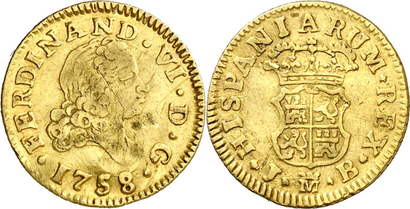 1758. Fernando VI. Madrid. JB. 1/2 escudo. (AC. 564). Rayas y golpes. 1,74 g. BC...