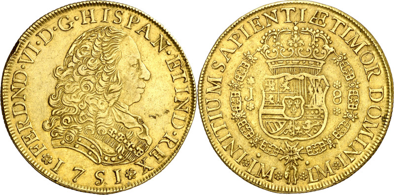 1751. Fernando VI. Lima. J. 8 escudos. (AC. 764) (Cal.Onza 577). Golpecito. Boni...