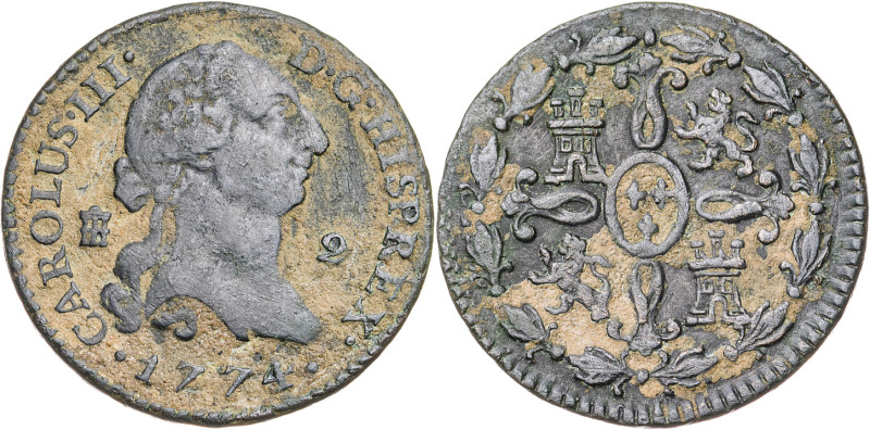 1774. Carlos III. Segovia. 2 maravedís. (AC. 36). Suciedades. 2,32 g. BC+/MBC-.