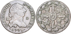 1775/4. Carlos III. Segovia. 2 maravedís. (AC. 37). Ex Áureo 20/09/1990, nº 790. 2,27 g. BC+/MBC-.