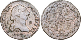 1775. Carlos III. Segovia. 2 maravedís. (AC. 38). 2,35 g. MBC-.