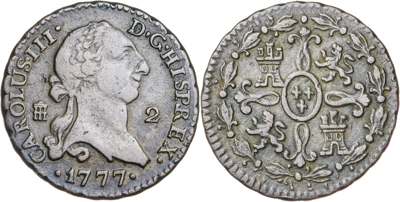 1777. Carlos III. Segovia. 2 maravedís. (AC. 41). Ex Áureo 12/01/1990, nº 665. 2...