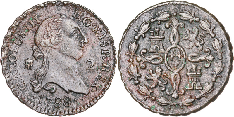 1788. Carlos III. Segovia. 2 maravedís. (AC. 49). 2,51 g. MBC/MBC+.