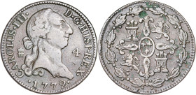 1772. Carlos III. Segovia. 4 maravedís. (AC. 52). Intento de perforación en reverso. Ex Áureo 20/09/1990, nº 806. 5 g. MBC-.