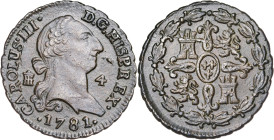1781. Carlos III. Segovia. 4 maravedís. (AC. 61). Buen ejemplar. 5,13 g. MBC+/EBC-.