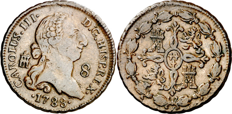 1788. Carlos III. Segovia. 8 maravedís. (AC. 85). Ex M. Sisó 11/10/1986. 12,30 g...