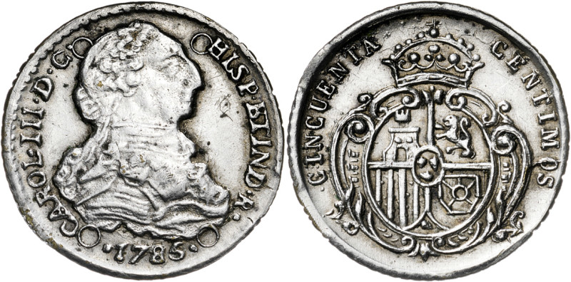 1785. Carlos III. 50 céntimos. Fantasía en plata. 1,27 g. MBC.